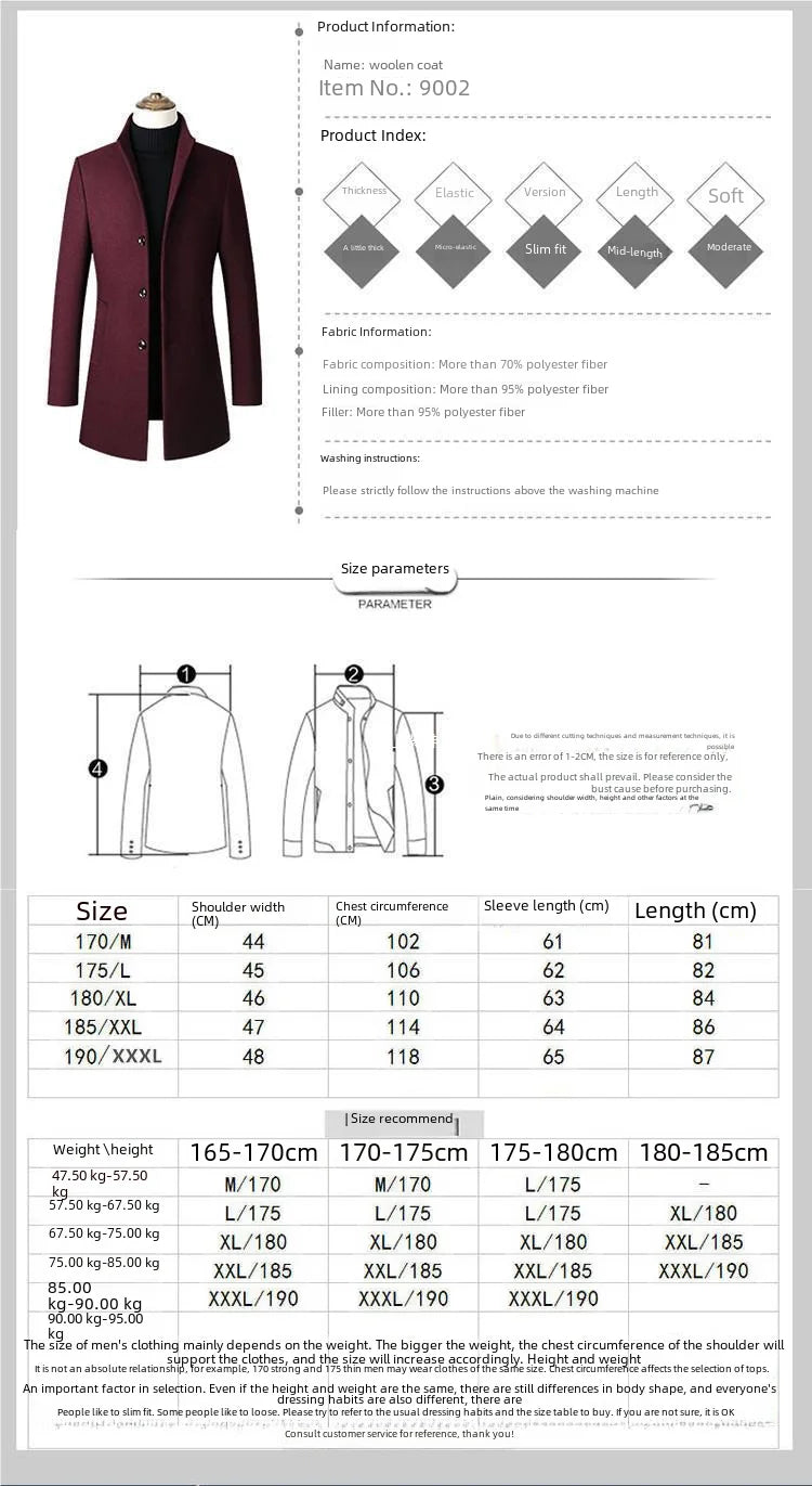 Men's Stand Collar Woolen Overcoat Solid Color Simple Design Medium - length Windbreaker Jacket For Autumn Winter - PratSN