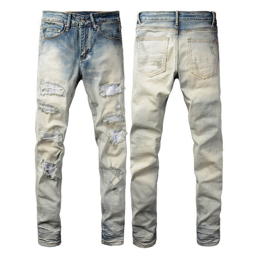 Men's Street Trend Casual Cool Hole & Patch Diamond Slim Fit - PratSN