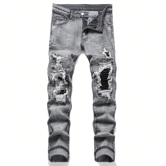 Men‘s Stretchy Denim Jeans Streetwear Tearing Patchwork Holes Ripped Denim Elastic Waist Casual Pants Slim fit Straight Trousers - PratSN