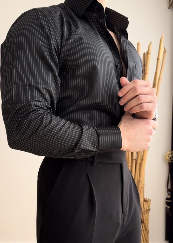 Men's Striped Long Sleeve Shirt - Black - PratSN