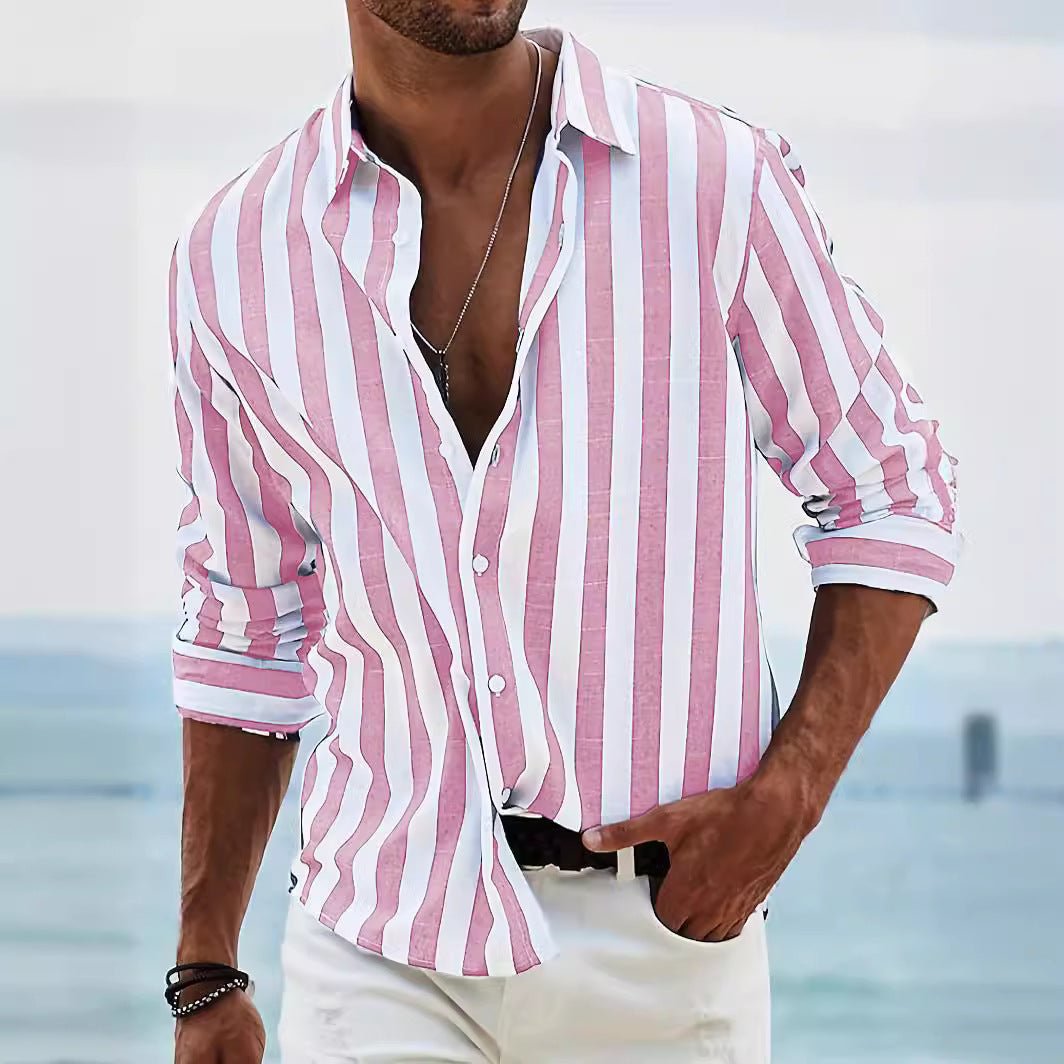 Men's Striped Print Shirt Casual Loose Long - sleeved Shirt Men's - PratSN