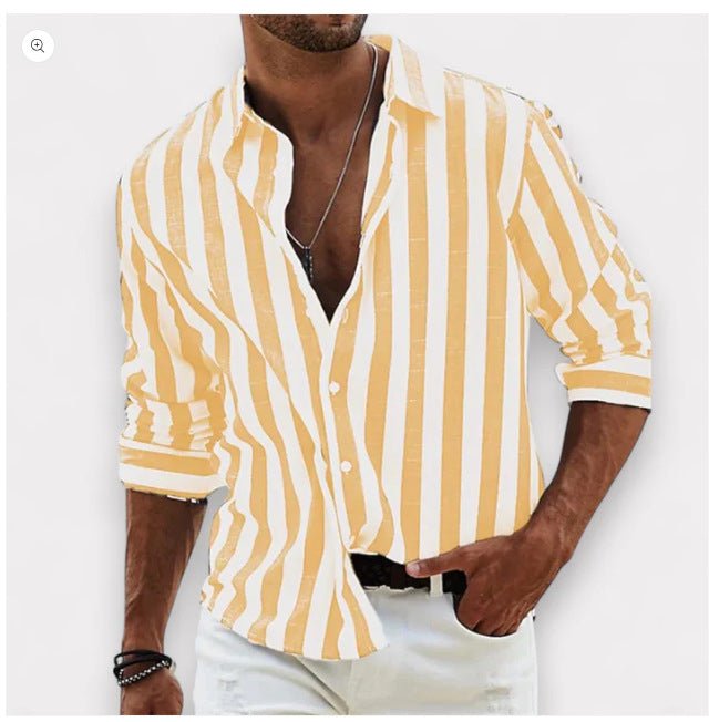 Men's Striped Print Shirt Casual Loose Long - sleeved Shirt Men's - PratSN