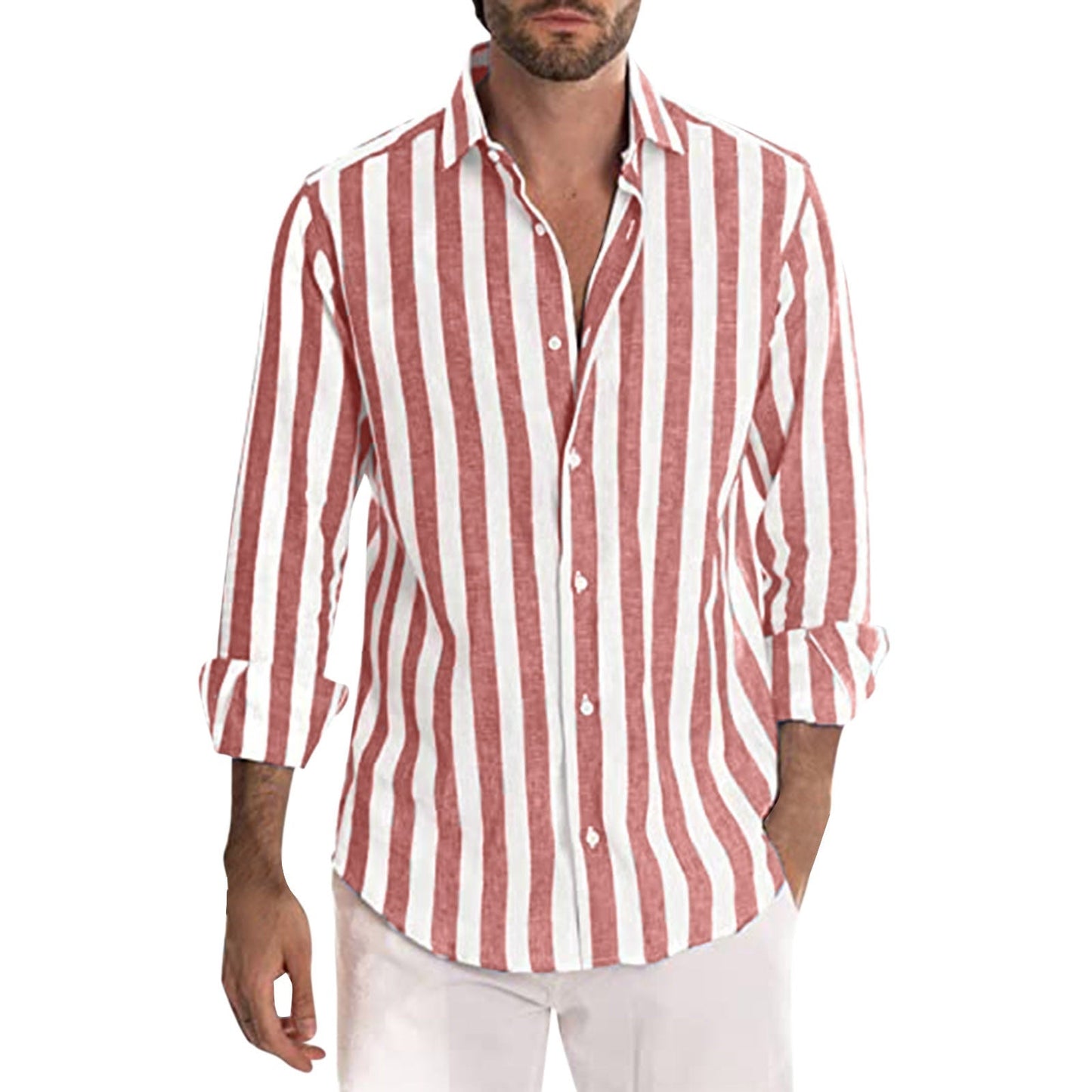 Men's Striped Print Shirt Casual Loose Long - sleeved Shirt Men's - PratSN