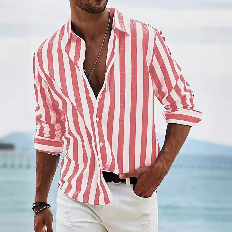 Men's Striped Print Shirt Casual Loose Long - sleeved Shirt Men's - PratSN