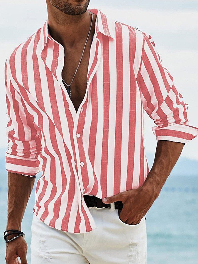 Men's Striped Print Shirt Casual Loose Long - sleeved Shirt Men's - PratSN