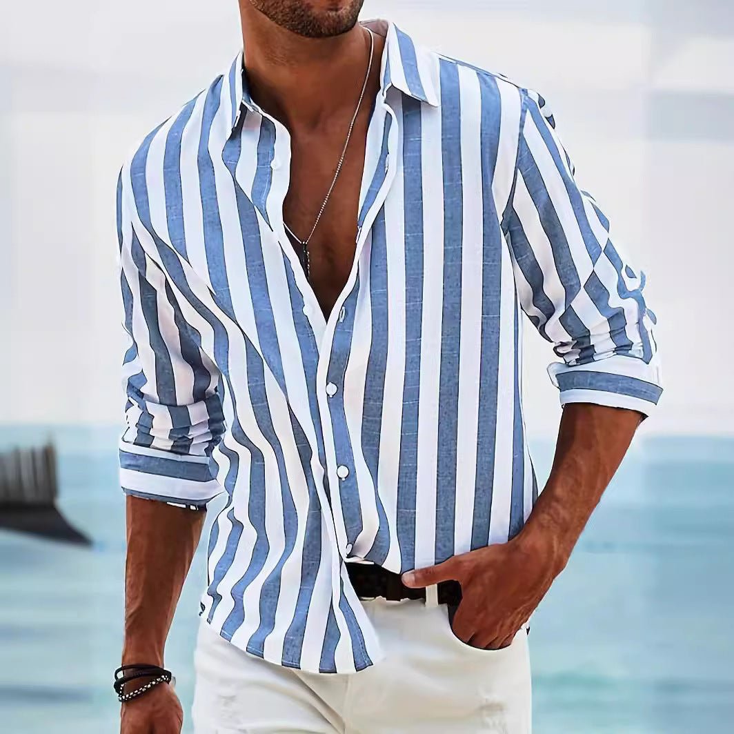 Men's Striped Print Shirt Casual Loose Long - sleeved Shirt Men's - PratSN