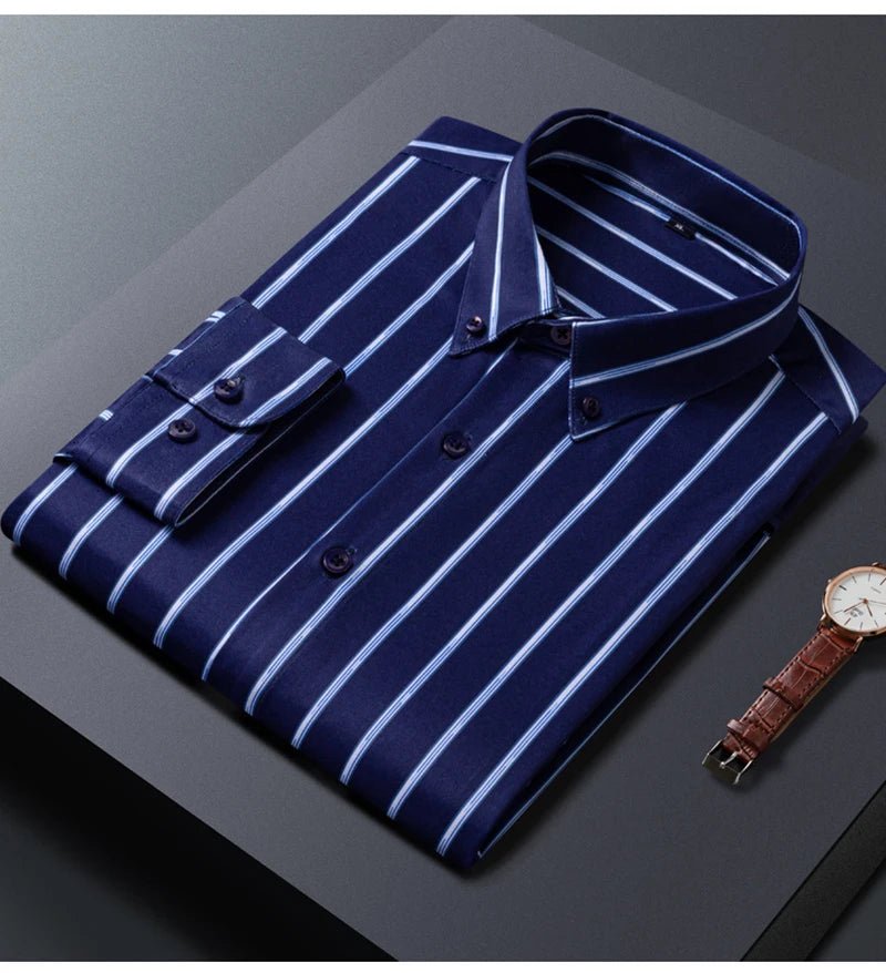 Mens Striped Shirts Korean Fashion Business Formal Wear Long Sleeve Men's Social Shirt Dress Slim Fit Elastic Office Blouse Male - PratSN
