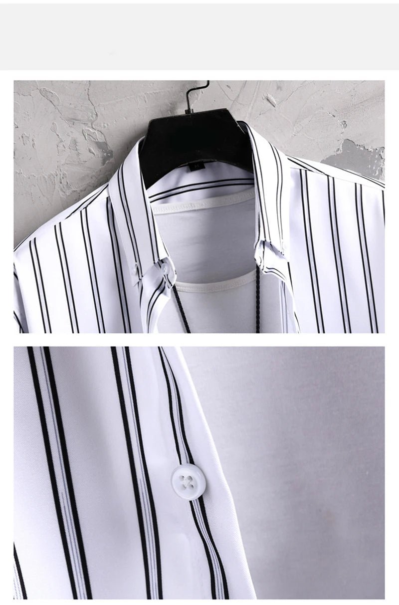 Mens Striped Shirts Korean Fashion Business Formal Wear Long Sleeve Men's Social Shirt Dress Slim Fit Elastic Office Blouse Male - PratSN