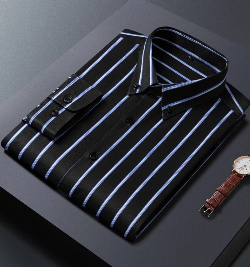 Mens Striped Shirts Korean Fashion Business Formal Wear Long Sleeve Men's Social Shirt Dress Slim Fit Elastic Office Blouse Male - PratSN