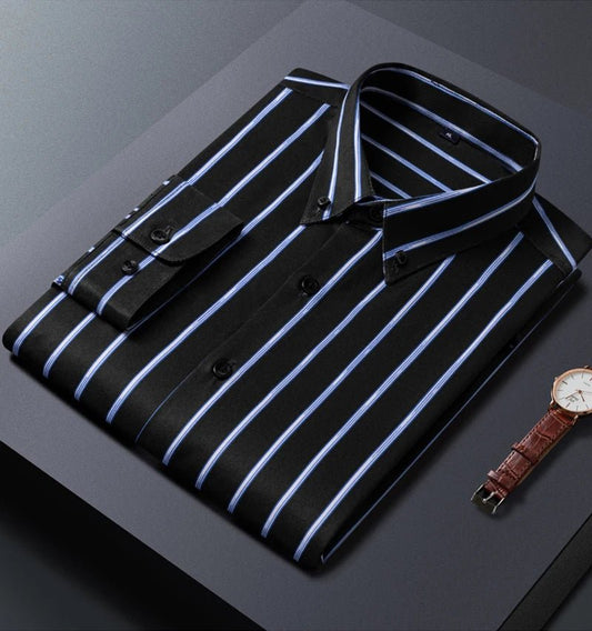 Mens Striped Shirts Korean Fashion Business Formal Wear Long Sleeve Men's Social Shirt Dress Slim Fit Elastic Office Blouse Male - PratSN