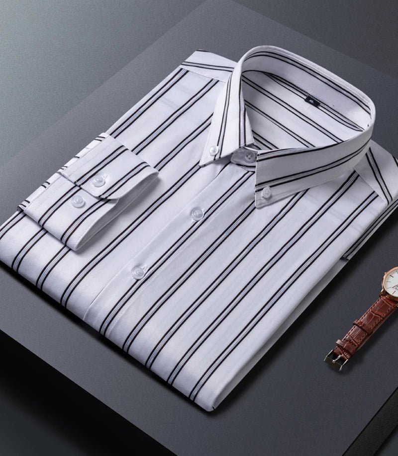 Mens Striped Shirts Korean Fashion Business Formal Wear Long Sleeve Men's Social Shirt Dress Slim Fit Elastic Office Blouse Male - PratSN