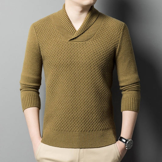 Men's Sweater Solid Color Jacquard Knitted Thickened Warm Coarse Yarn Bottoming Sweater - PratSN