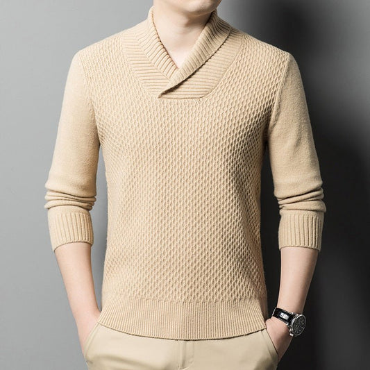 Men's Sweater Solid Color Jacquard Knitted Thickened Warm Coarse Yarn Bottoming Sweater - PratSN