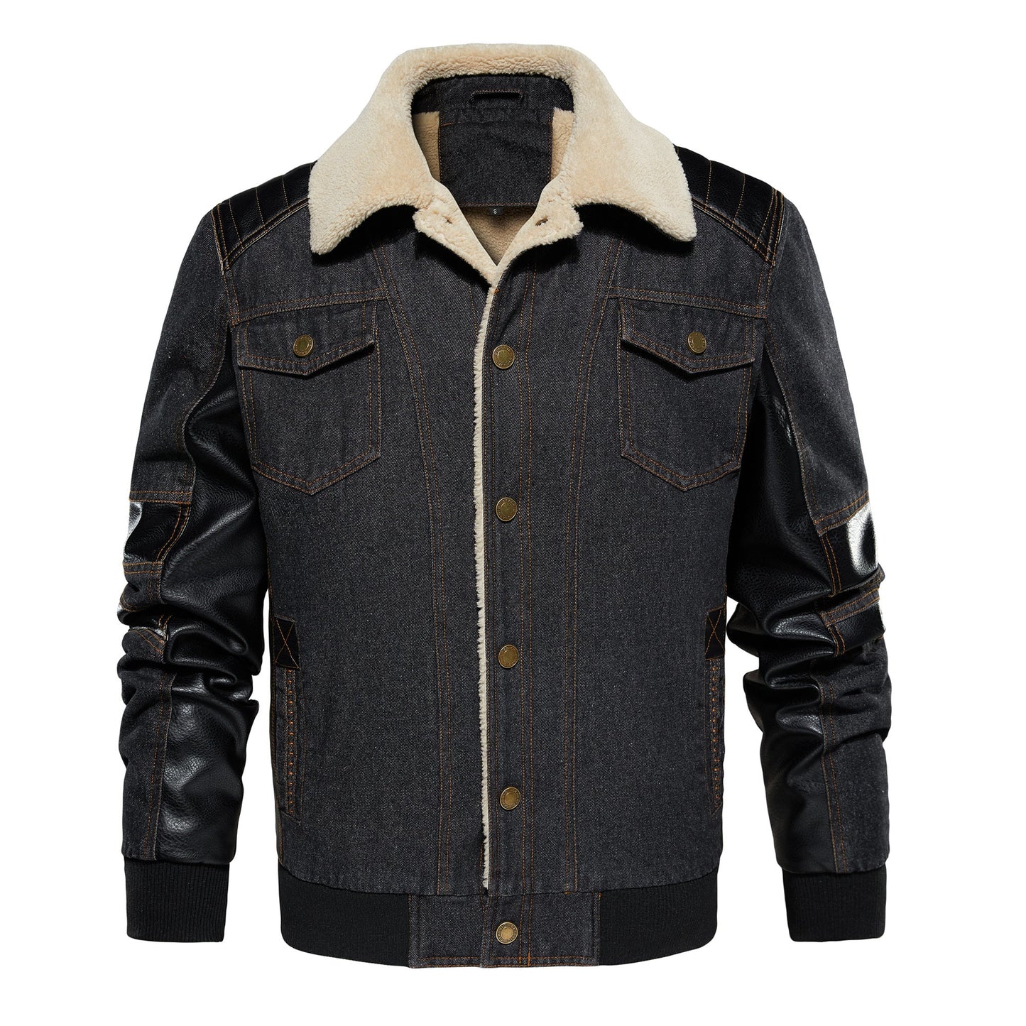 Men's Thickened Work Jacket, Denim - Patchwork Collared Multi - Pocket Autumn & Winter Jacket - PratSN