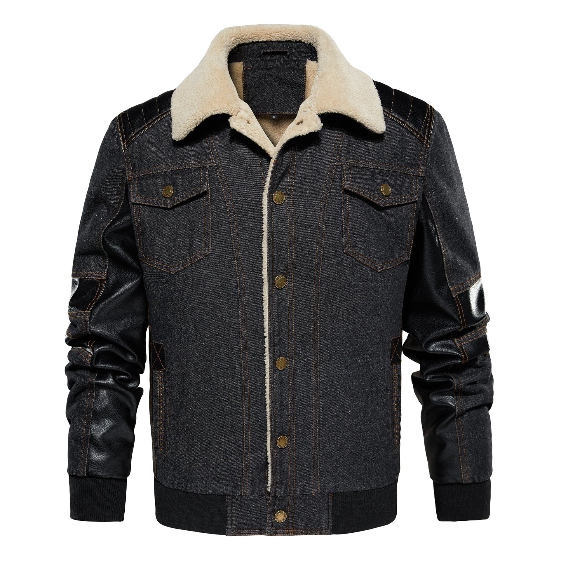 Men's Thickened Work Jacket, Denim - Patchwork Collared Multi - Pocket Autumn & Winter Jacket - PratSN