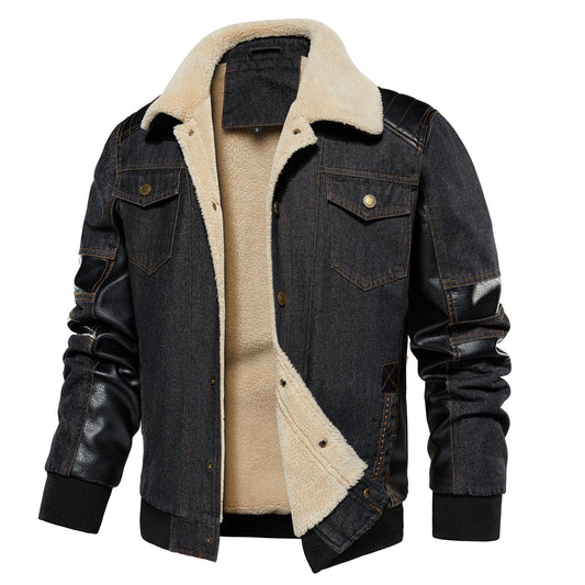 Men's Thickened Work Jacket, Denim - Patchwork Collared Multi - Pocket Autumn & Winter Jacket - PratSN