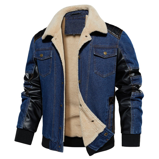 Men's Thickened Work Jacket, Denim - Patchwork Collared Multi - Pocket Autumn & Winter Jacket - PratSN