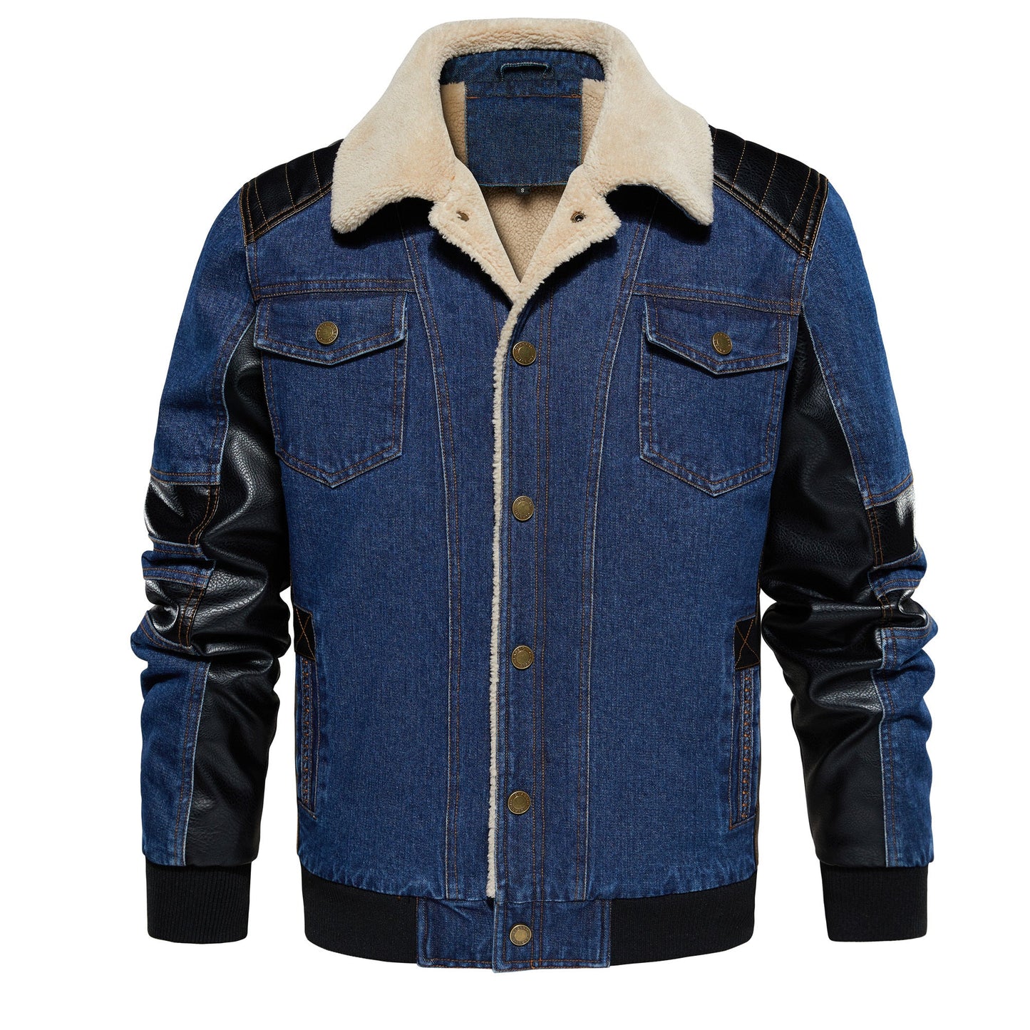Men's Thickened Work Jacket, Denim - Patchwork Collared Multi - Pocket Autumn & Winter Jacket - PratSN