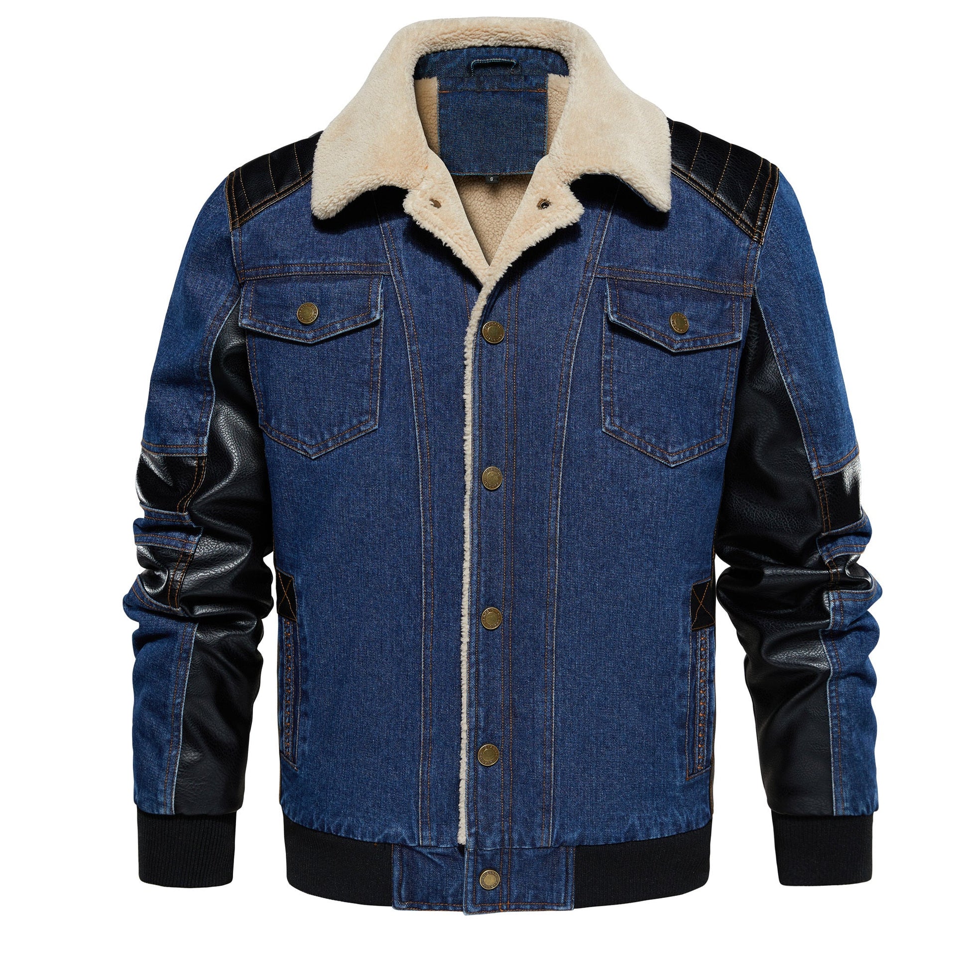 Men's Thickened Work Jacket, Denim - Patchwork Collared Multi - Pocket Autumn & Winter Jacket - PratSN