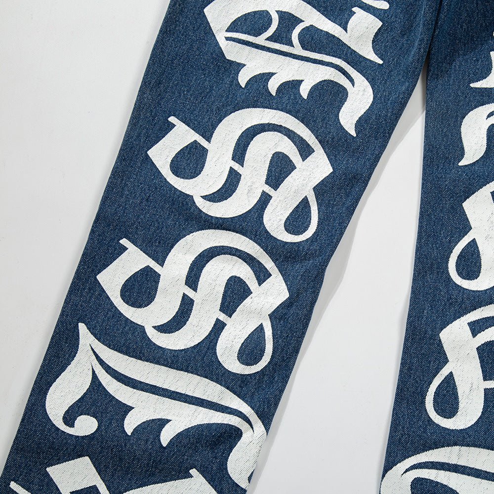 Men's Unique Letter Print Washed Jeans Street Trend - PratSN