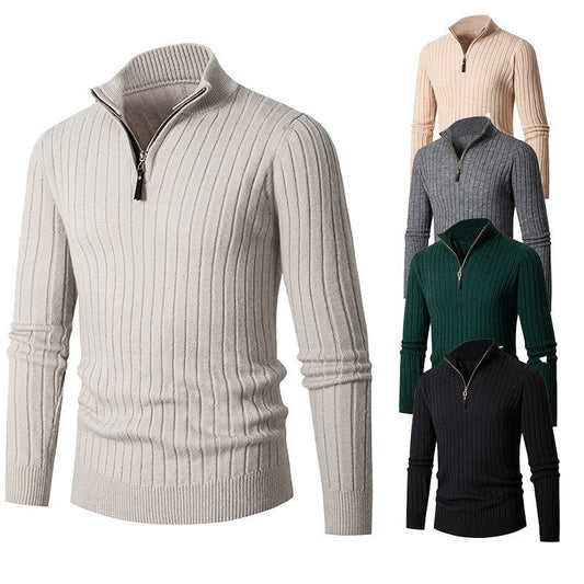 Men's Vertical Bar Half Turtleneck Zipper Bottoming Sweater - PratSN