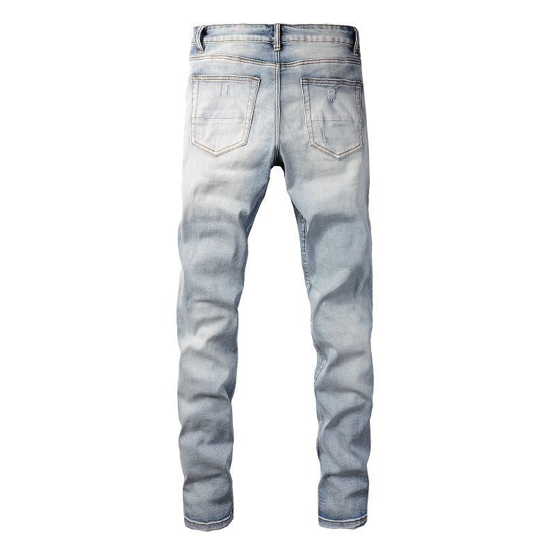 Men's Washed Bright White Distressed Cat Beard Patch Ripped Stretch Slim Jeans - PratSN