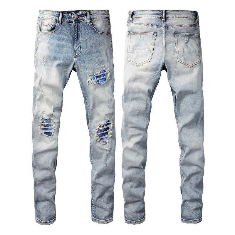 Men's Washed Bright White Distressed Cat Beard Patch Ripped Stretch Slim Jeans - PratSN