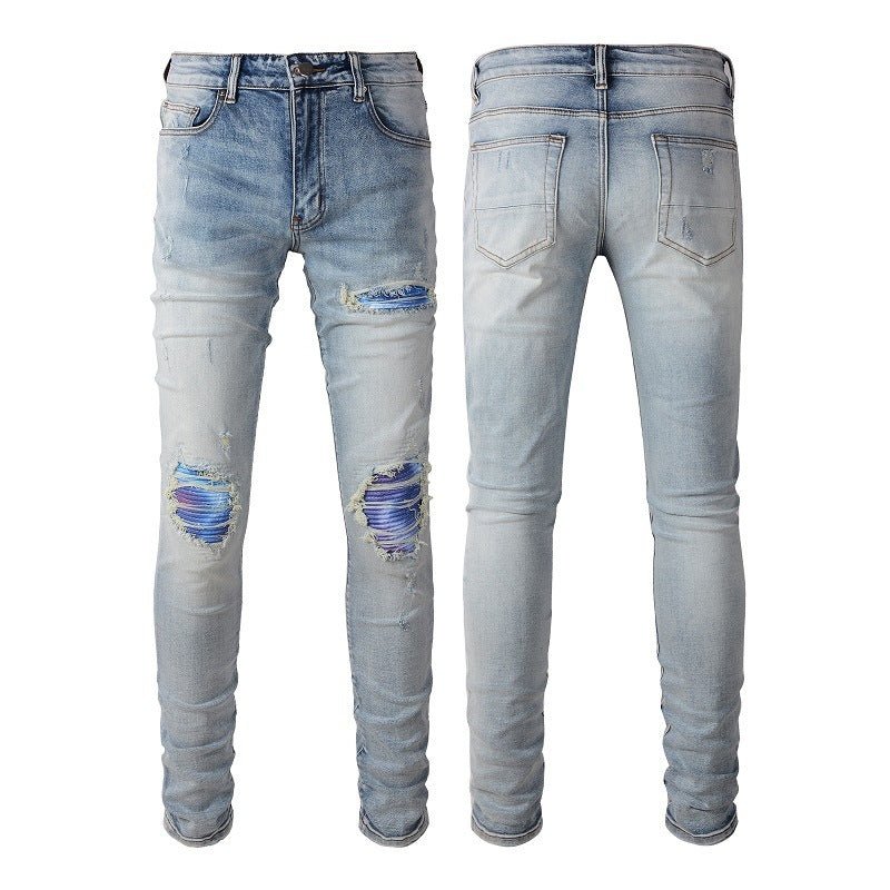 Men's Washed Bright White Distressed Cat Beard Patch Ripped Stretch Slim Jeans - PratSN