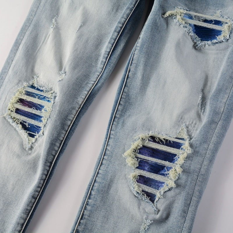 Men's Washed Bright White Distressed Cat Beard Patch Ripped Stretch Slim Jeans - PratSN
