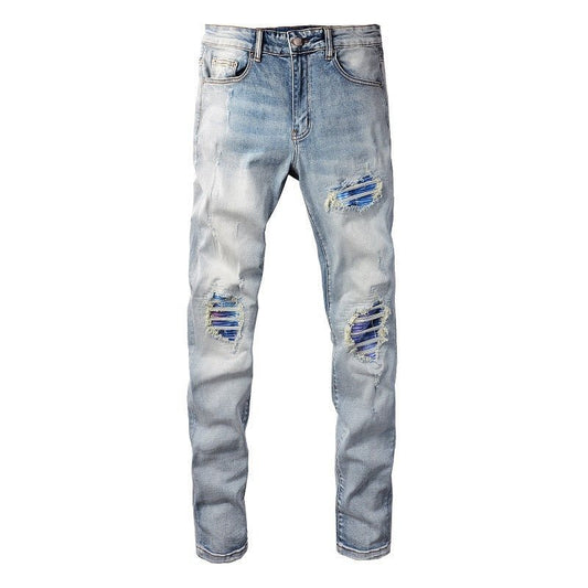Men's Washed Bright White Distressed Cat Beard Patch Ripped Stretch Slim Jeans - PratSN