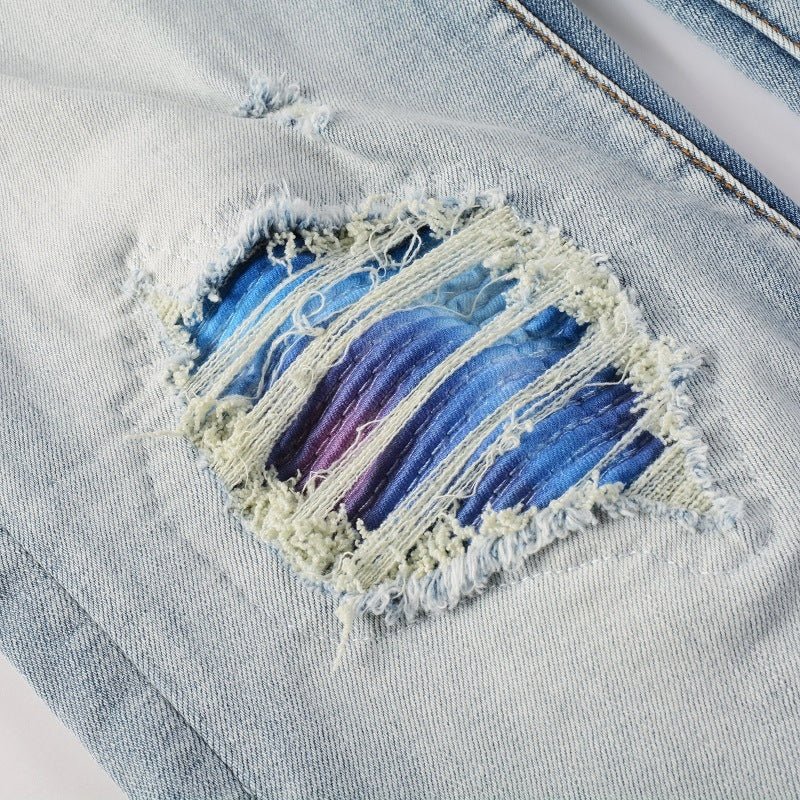 Men's Washed Bright White Distressed Cat Beard Patch Ripped Stretch Slim Jeans - PratSN