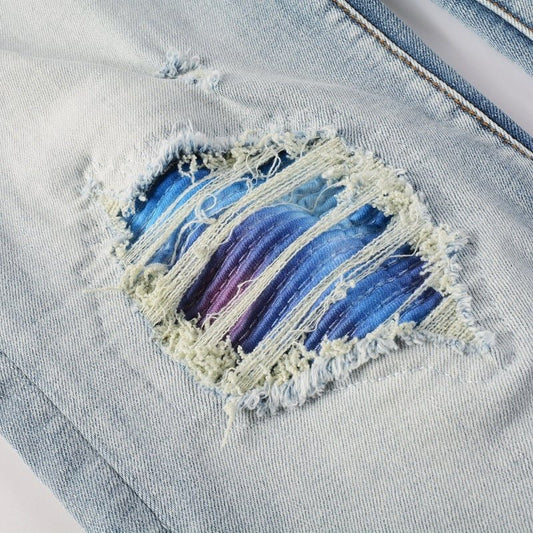 Men's Washed Bright White Distressed Cat Beard Patch Ripped Stretch Slim Jeans - PratSN