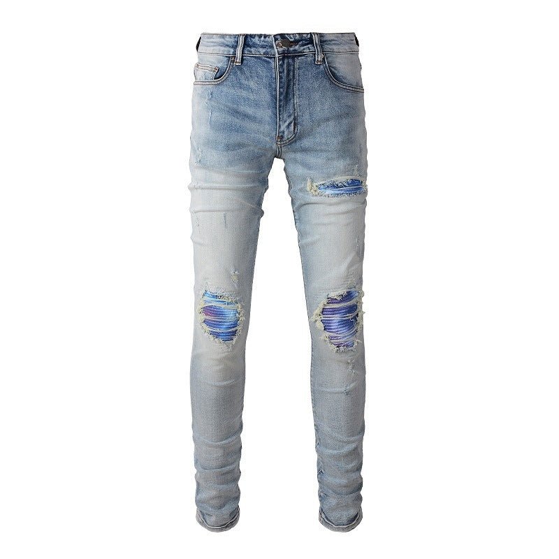 Men's Washed Bright White Distressed Cat Beard Patch Ripped Stretch Slim Jeans - PratSN