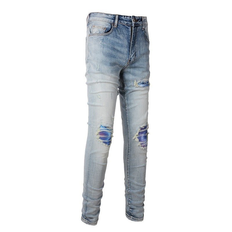 Men's Washed Bright White Distressed Cat Beard Patch Ripped Stretch Slim Jeans - PratSN