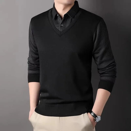 Men's Winter Fleece Knit Pullovers Smart Casual Knitted Sweaters Shirt Collar Fake Two Knitwear Fashion Slim Fit Man Sweater - PratSN