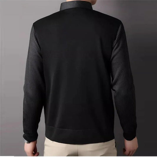 Men's Winter Fleece Knit Pullovers Smart Casual Knitted Sweaters Shirt Collar Fake Two Knitwear Fashion Slim Fit Man Sweater - PratSN