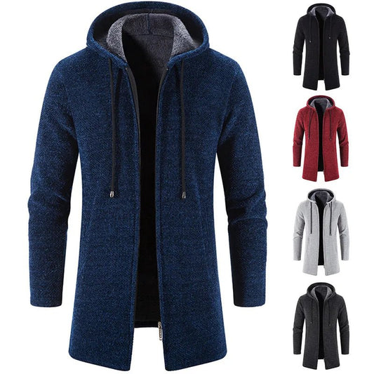 Men's Winter Hooded Cardigan Trench Coat Streetwear Solid Color Windbreaker Leisure Fashion Fleece - lined Jacket Vintage Hoodie - PratSN