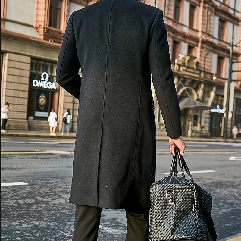 Mens Winter Long Wool Coat Solid Color Long Sleeve Lapel Single Breasted Fit Windbreaker Overcoat - PratSN