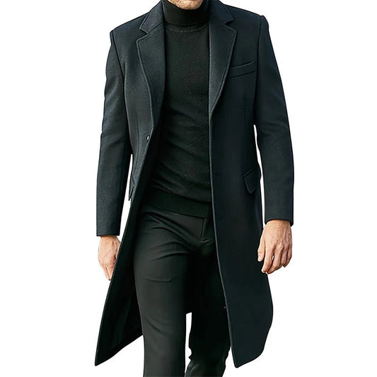Mens Winter Long Wool Coat Solid Color Long Sleeve Lapel Single Breasted Fit Windbreaker Overcoat - PratSN