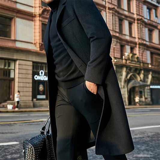 Mens Winter Long Wool Coat Solid Color Long Sleeve Lapel Single Breasted Fit Windbreaker Overcoat - PratSN