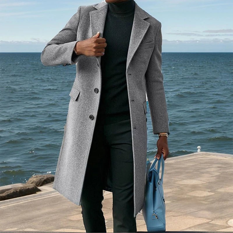 Mens Winter Long Wool Coat Solid Color Long Sleeve Lapel Single Breasted Fit Windbreaker Overcoat - PratSN