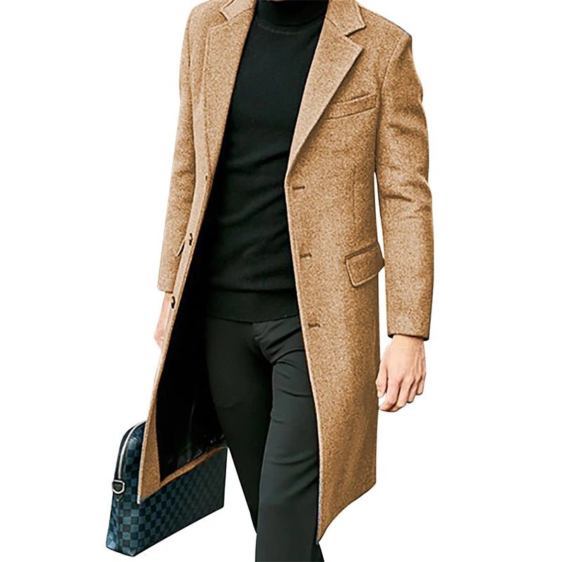 Mens Winter Long Wool Coat Solid Color Long Sleeve Lapel Single Breasted Fit Windbreaker Overcoat - PratSN