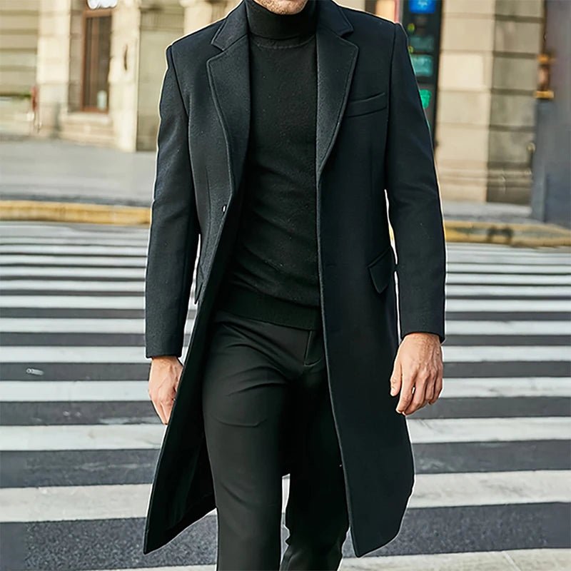 Mens Winter Long Wool Coat Solid Color Long Sleeve Lapel Single Breasted Fit Windbreaker Overcoat - PratSN