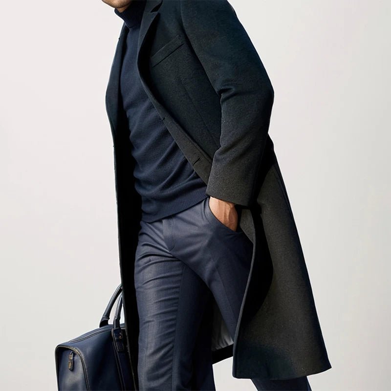 Mens Winter Long Wool Coat Solid Color Long Sleeve Lapel Single Breasted Fit Windbreaker Overcoat - PratSN
