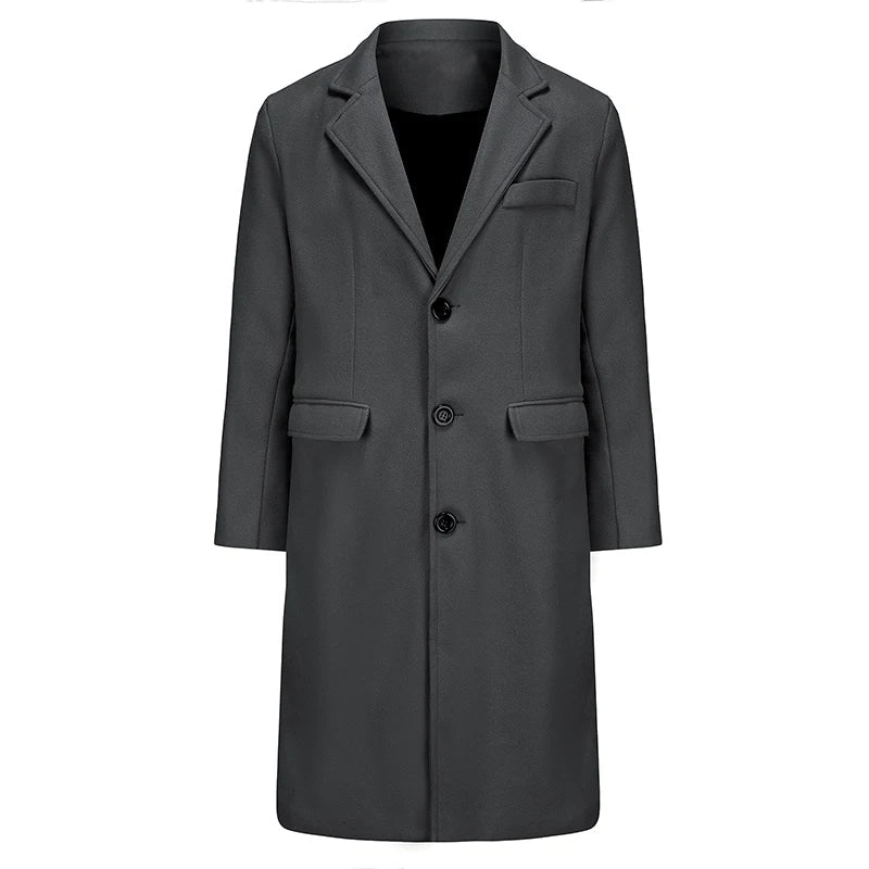 Mens Winter Long Wool Coat Solid Color Long Sleeve Lapel Single Breasted Fit Windbreaker Overcoat - PratSN