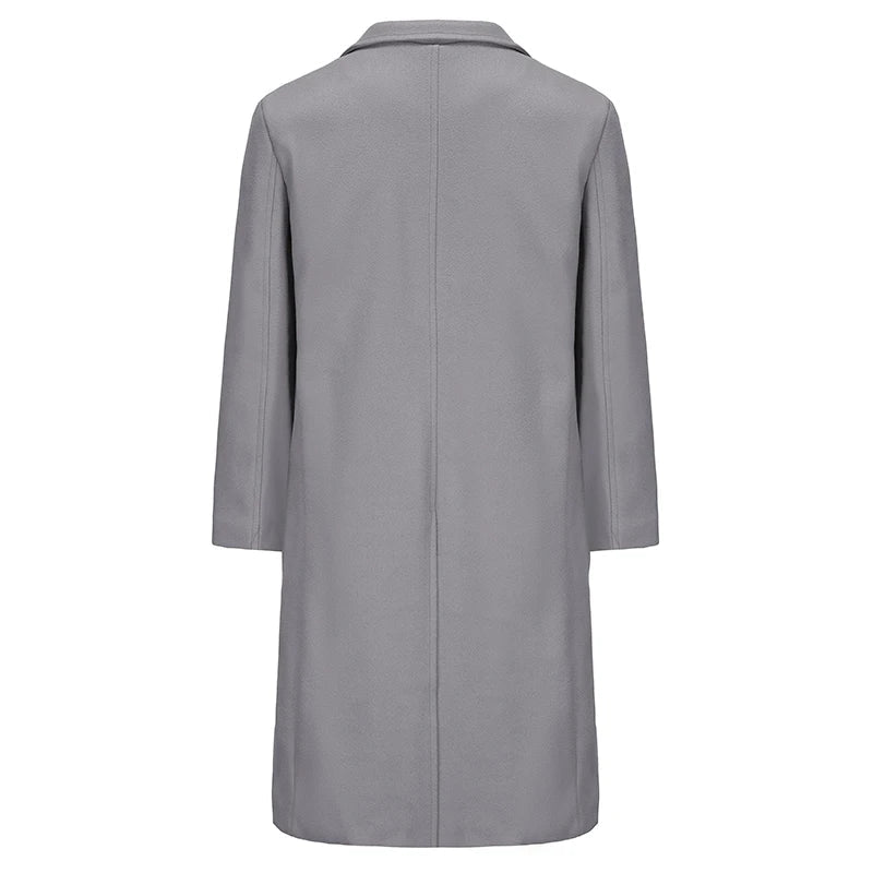 Mens Winter Long Wool Coat Solid Color Long Sleeve Lapel Single Breasted Fit Windbreaker Overcoat - PratSN