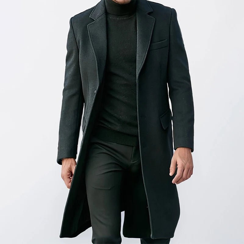 Mens Winter Long Wool Coat Solid Color Long Sleeve Lapel Single Breasted Fit Windbreaker Overcoat - PratSN