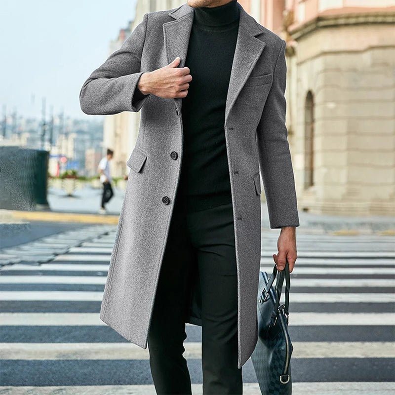 Mens Winter Long Wool Coat Solid Color Long Sleeve Lapel Single Breasted Fit Windbreaker Overcoat - PratSN