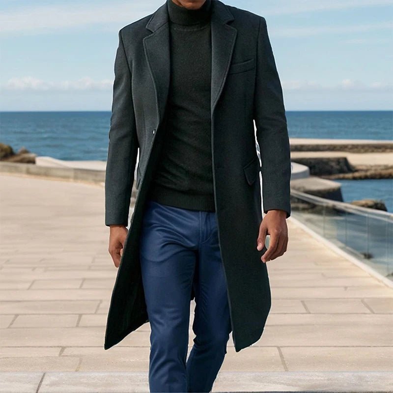 Mens Winter Long Wool Coat Solid Color Long Sleeve Lapel Single Breasted Fit Windbreaker Overcoat - PratSN