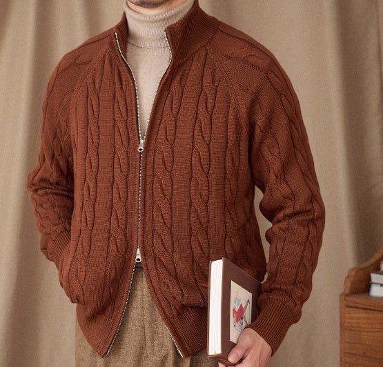 Men's Winter Pure Cotton Knitted British Thickened Heavy Weight Twisted Double Zipper Cardigan - PratSN